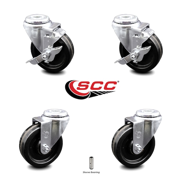 4 Inch Phenolic Wheel Swivel Bolt Hole Caster Set with 2 Brake
